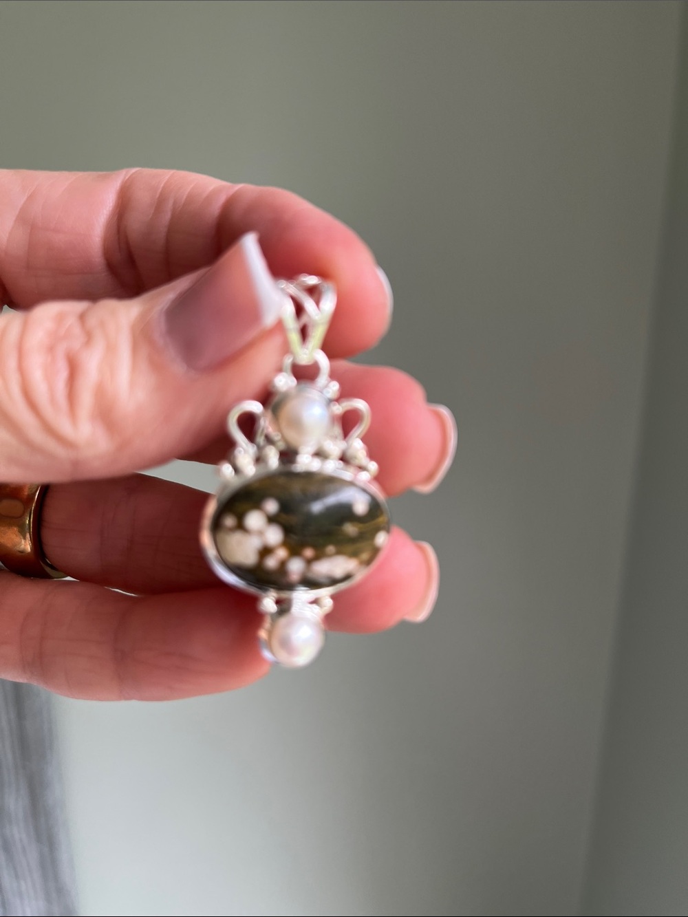 Sterling Silver Pendant Necklace with Ocean Jasper and White Pearl Accents - Picture 1 of 4